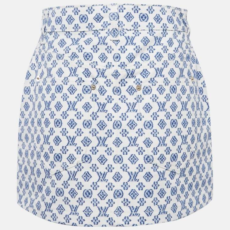 Pre Owned Louis Vuitton White Monogram Print Denim Leather Badge Detail Mini Skirt M