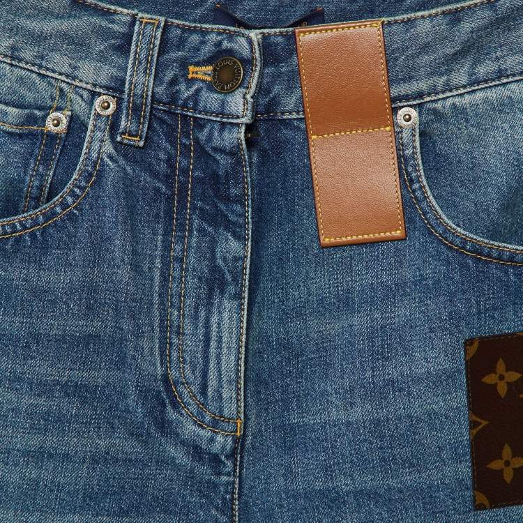 Pre Owned Louis Vuitton Blue Denim Monogram Patch High Waist Jeans S