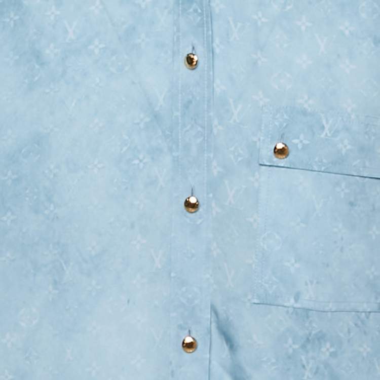 Pre Owned Louis Vuitton Blue Monogram Silk Long Sleeve Shirt S