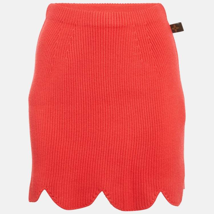 Pre Owned Louis Vuitton Red Rib Knit Scallop Mini Skirt S
