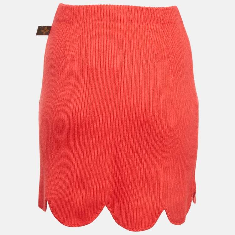 Pre Owned Louis Vuitton Red Rib Knit Scallop Mini Skirt S