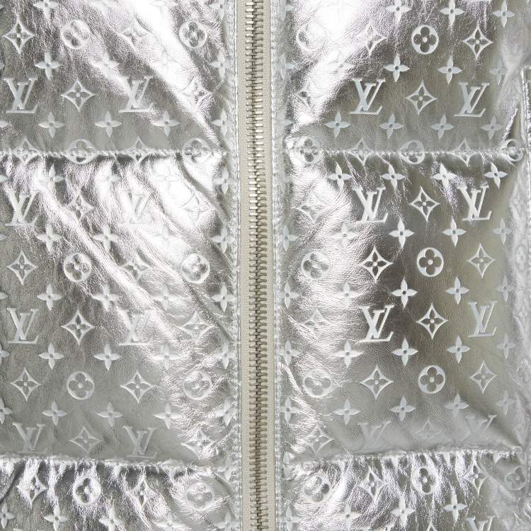 Pre Owned Louis Vuitton Silver Coated Monogram Leather Down Gilet S