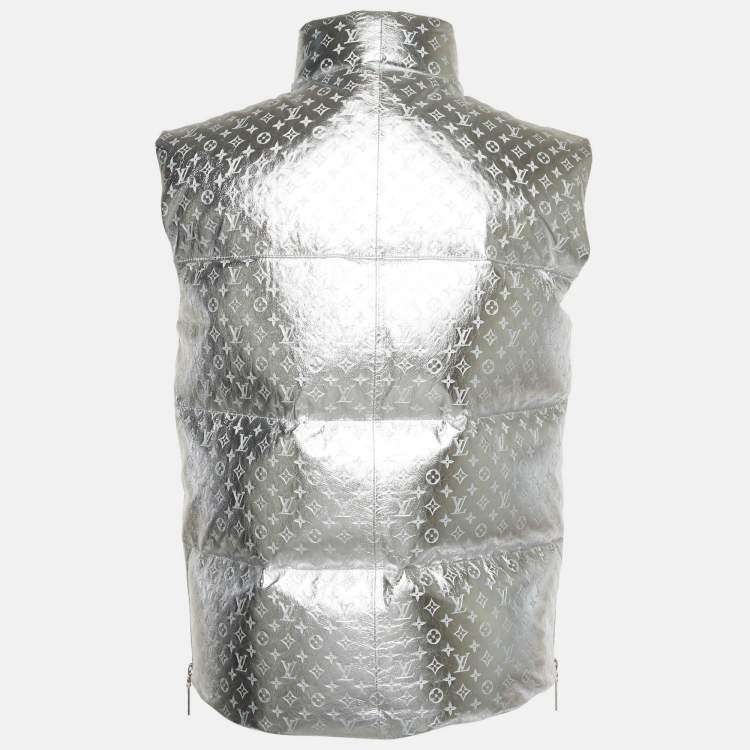 Pre Owned Louis Vuitton Silver Coated Monogram Leather Down Gilet S