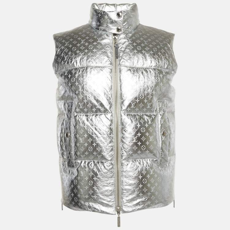 Pre Owned Louis Vuitton Silver Coated Monogram Leather Down Gilet S