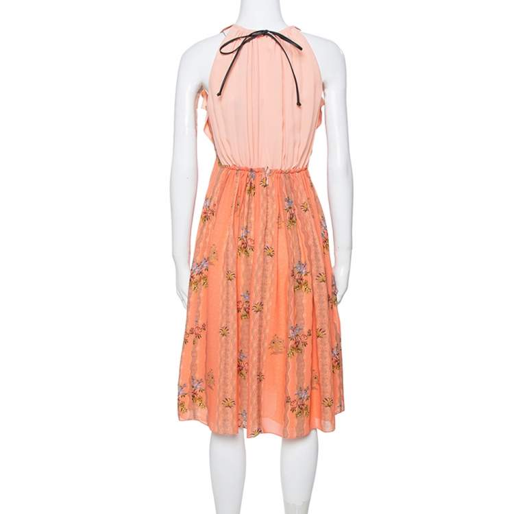 Pre Owned Louis Vuitton Peach Printed Silk Crepe Ruffled Day Dress S