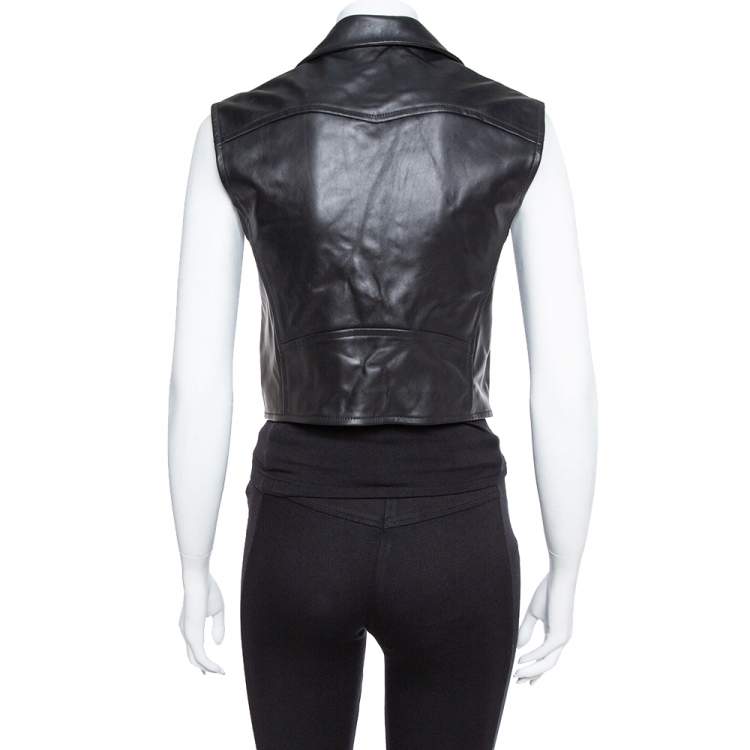 Pre Owned Louis Vuitton Black Leather Badge Embellished Sleeveless Biker Jacket S