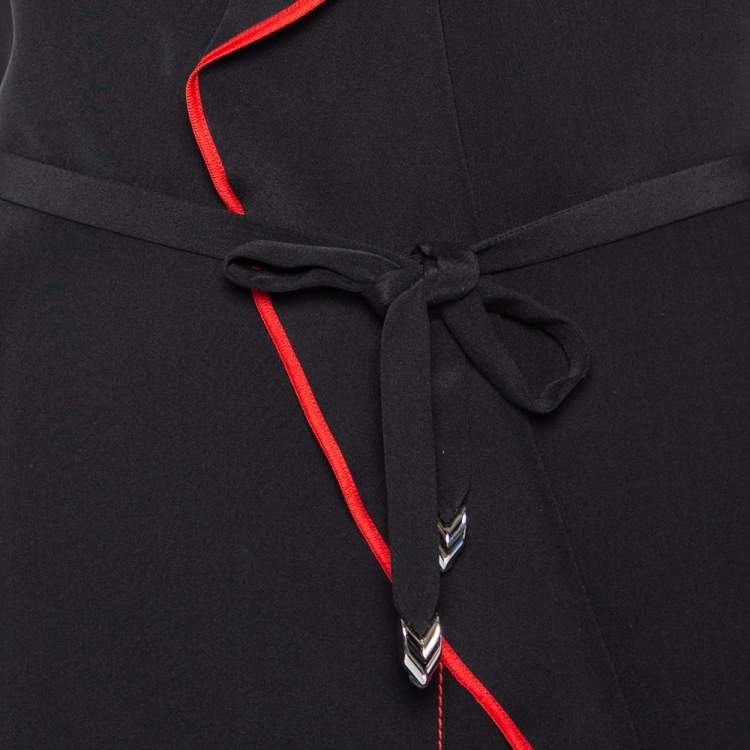 Pre Owned Louis Vuitton Black Silk Contrast Trim Detail Belted Midi Dress M