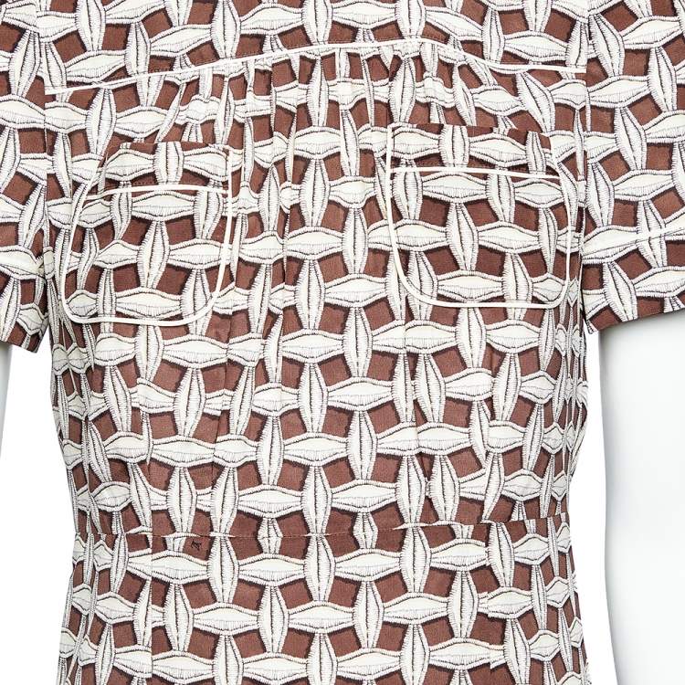 Pre Owned Louis Vuitton Brown & Beige Printed Silk Pocket Detail Midi Dress M