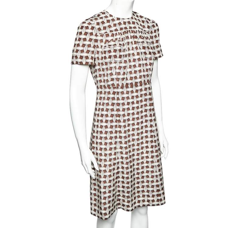 Pre Owned Louis Vuitton Brown & Beige Printed Silk Pocket Detail Midi Dress M