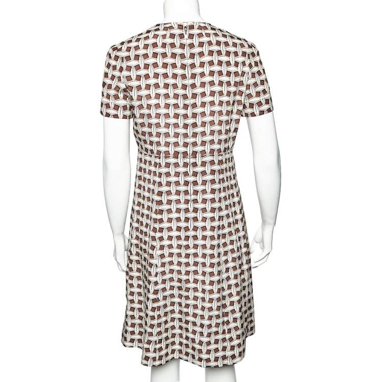 Pre Owned Louis Vuitton Brown & Beige Printed Silk Pocket Detail Midi Dress M