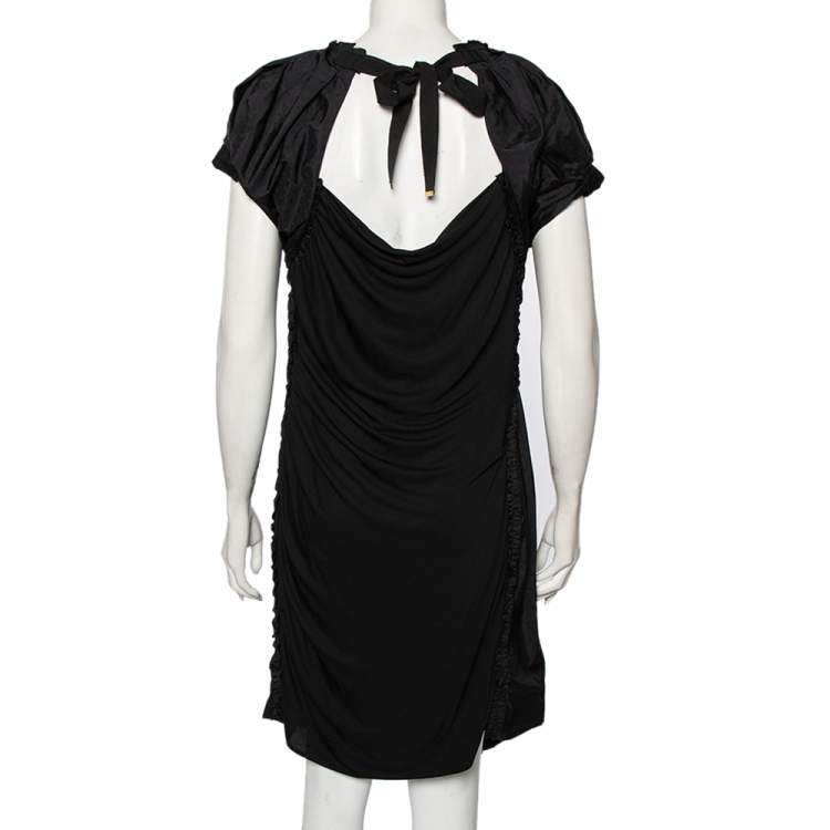 Pre Owned Louis Vuitton Black Jersey Ruffle Trim Ruched Dress L