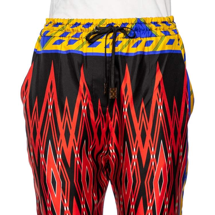 Pre Owned Louis Vuitton Red Printed Silk Drawstring Waist Detailed Pants M