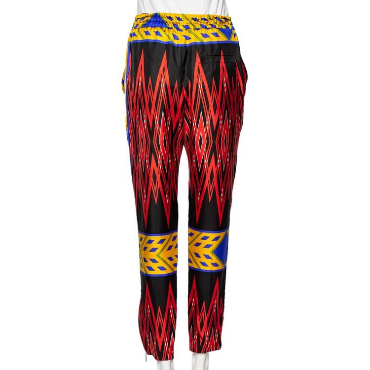 Pre Owned Louis Vuitton Red Printed Silk Drawstring Waist Detailed Pants M