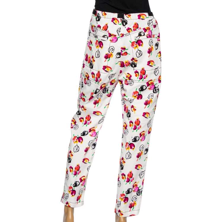 Pre Owned Louis Vuitton White Floral Printed Gabardine Elasticized Waist Detailed Pants S