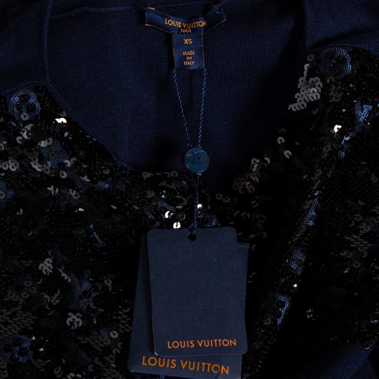 Pre Owned Louis Vuitton Navy Blue Wool & Sequin Embellished Monogram Detailed Dress XS