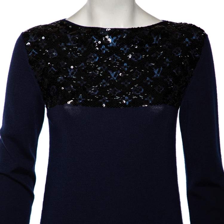 Pre Owned Louis Vuitton Navy Blue Wool & Sequin Embellished Monogram Detailed Dress XS