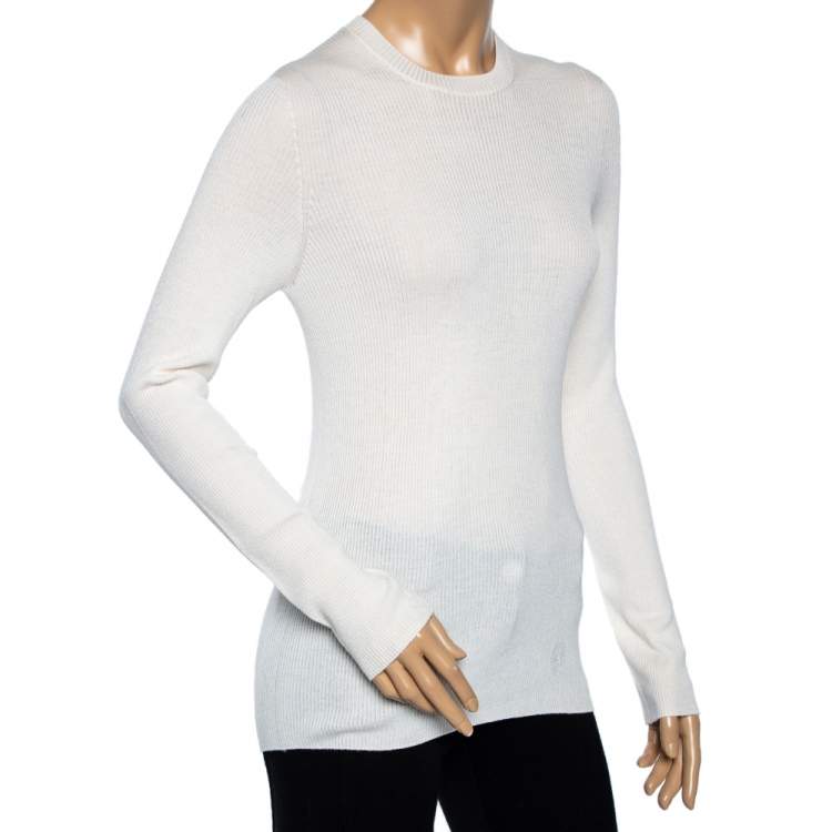 Pre Owned Louis Vuitton Cream Wool & Silk Rib Knit Crewneck Sweater L