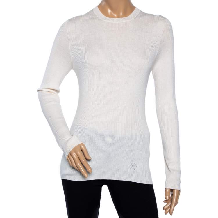 Pre Owned Louis Vuitton Cream Wool & Silk Rib Knit Crewneck Sweater L