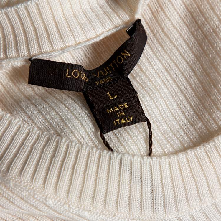 Pre Owned Louis Vuitton Cream Wool & Silk Rib Knit Crewneck Sweater L