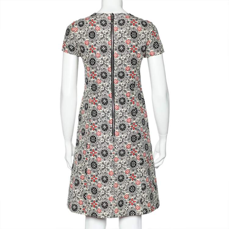 Pre Owned Louis Vuitton Cream Wool & Silk Logo Monogram Shift Dress S