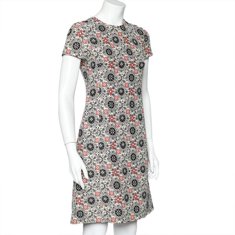 Pre Owned Louis Vuitton Cream Wool & Silk Logo Monogram Shift Dress S
