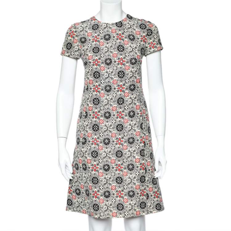 Pre Owned Louis Vuitton Cream Wool & Silk Logo Monogram Shift Dress S