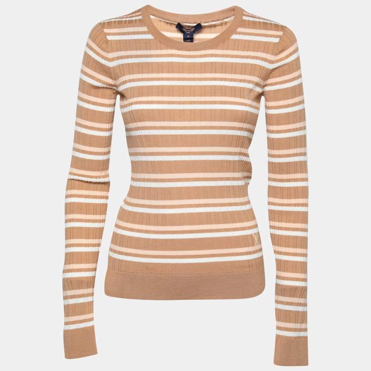 Pre Owned Louis Vuitton Beige Striped Wool Long Sleeve Round Neck Jumper M