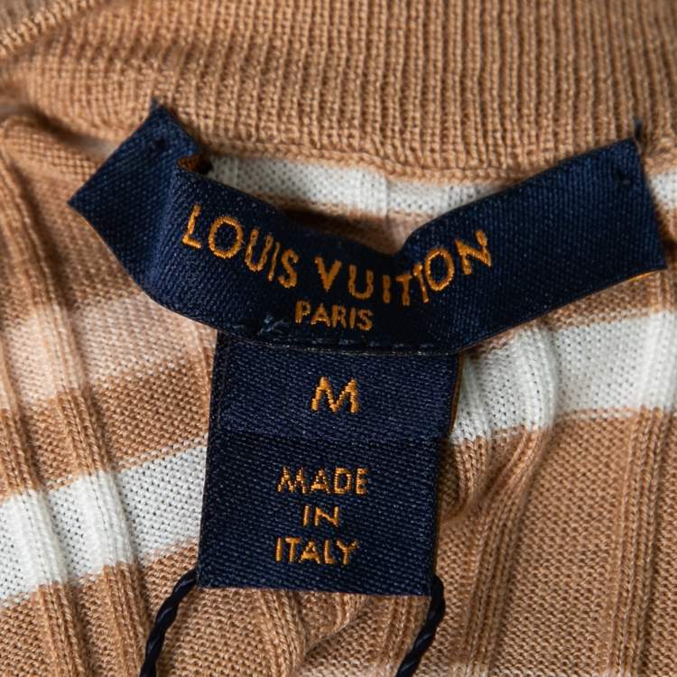 Pre Owned Louis Vuitton Beige Striped Wool Long Sleeve Round Neck Jumper M