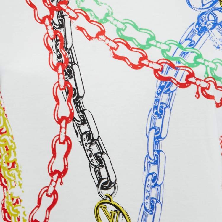 Pre Owned Louis Vuitton White Chain Printed Cotton Half Sleeve Crew Neck T-Shirt S