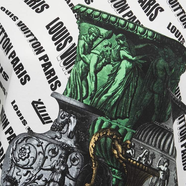 Pre Owned Louis Vuitton Fornasetti Off-White Logo Vase Printed Cotton Half Sleeve Chain Detail Crew Neck T-Shirt S