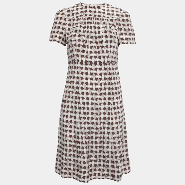 Pre Owned Louis Vuitton Brown & Beige Printed Silk Pocket Detail Midi Dress M