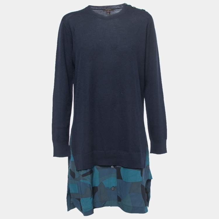 Louis Vuitton Navy Blue Wool Knit & Printed Silk Hem Detail Mini Dress L