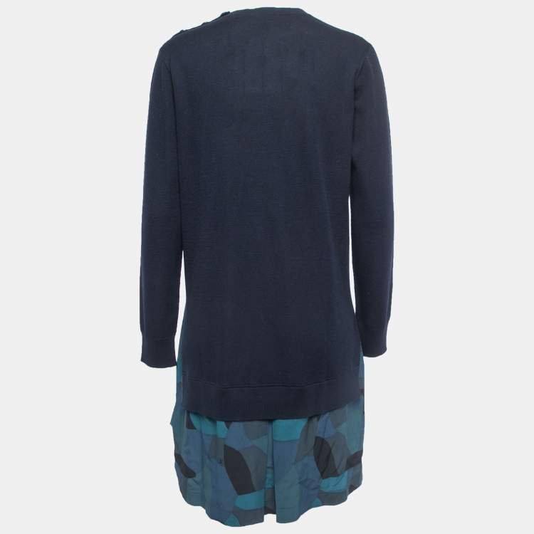 Pre Owned Louis Vuitton Navy Blue Wool Knit & Printed Silk Hem Detail Mini Dress L