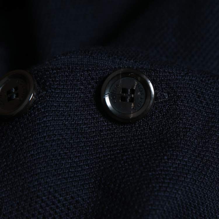 Pre Owned Louis Vuitton Navy Blue Wool Knit & Printed Silk Hem Detail Mini Dress L