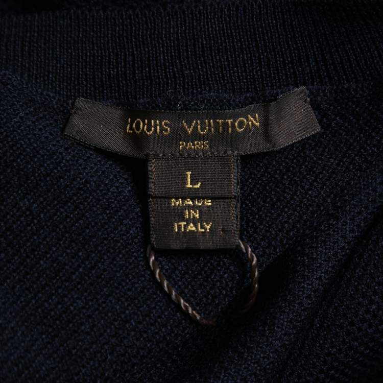 Pre Owned Louis Vuitton Navy Blue Wool Knit & Printed Silk Hem Detail Mini Dress L