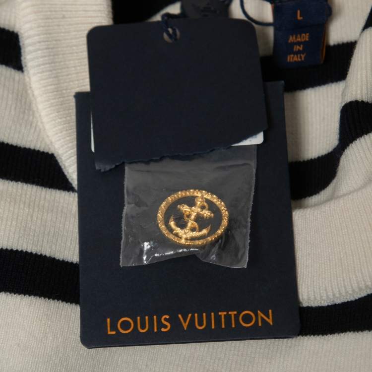 Pre Owned Louis Vuitton Off White Striped Wool Short Sleeve Sweater L
