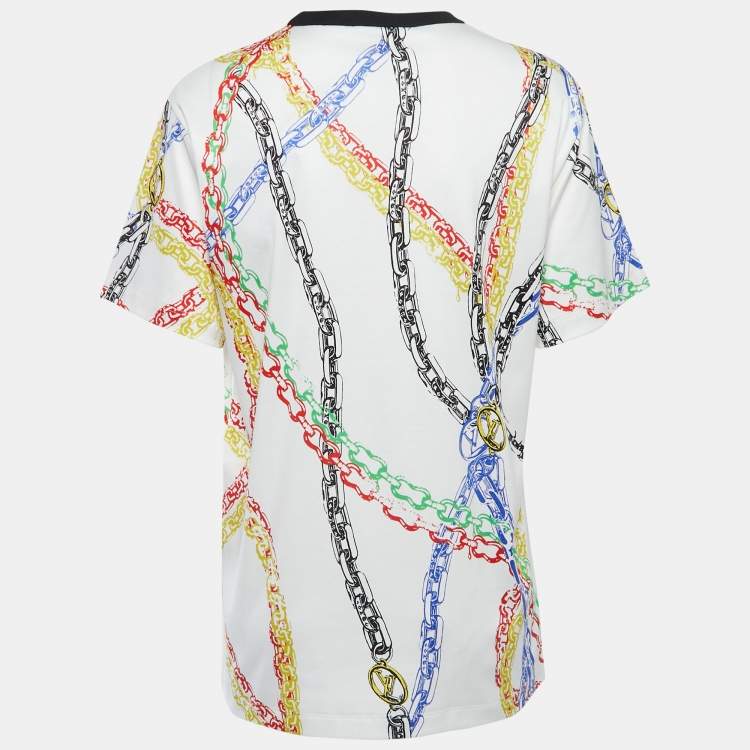 Pre Owned Louis Vuitton White Chain Print Cotton Crew Neck Half Sleeve T-Shirt S