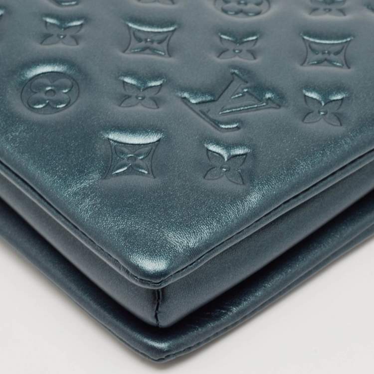 Pre Owned Louis Vuitton Metallic Teal Blue Monogram Embossed Leather Coussin PM Bag