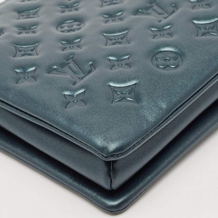 Pre Owned Louis Vuitton Metallic Teal Blue Monogram Embossed Leather Coussin PM Bag