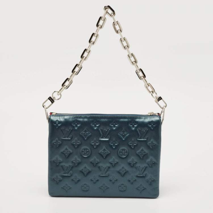 Pre Owned Louis Vuitton Metallic Teal Blue Monogram Embossed Leather Coussin PM Bag