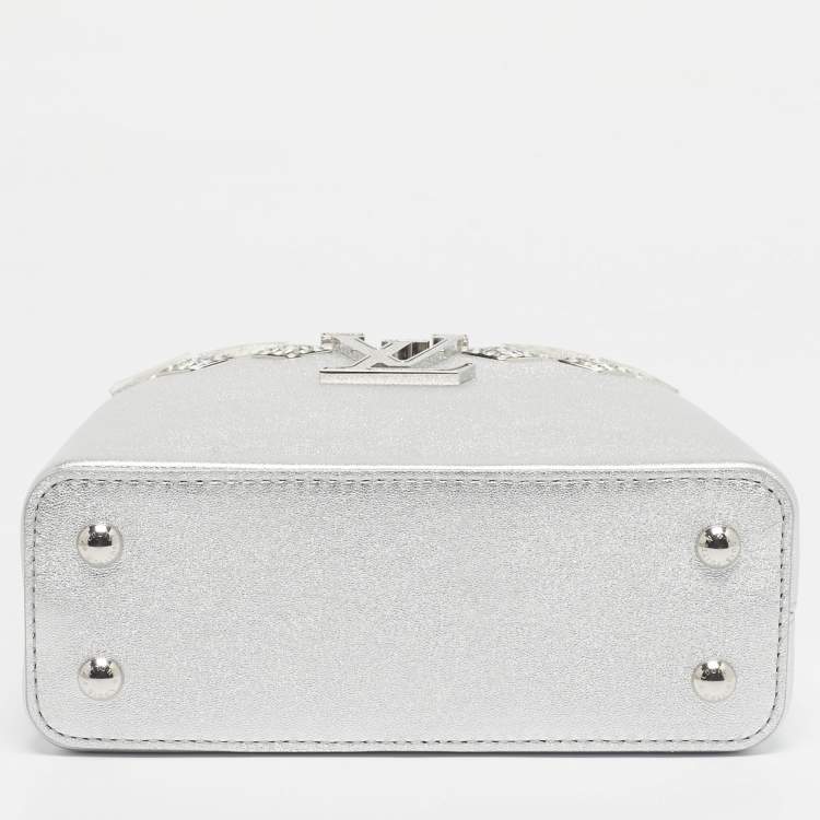 Pre Owned Louis Vuitton Silver Leather Crystal Embellished Capucines Mini Bag