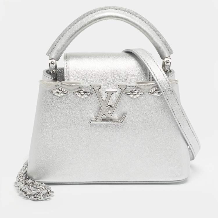 Pre Owned Louis Vuitton Silver Leather Crystal Embellished Capucines Mini Bag