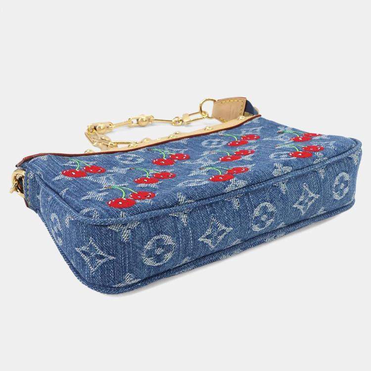 Pre Owned Louis Vuitton Pochette Accessoires Denim Blue Monogram Cherry Denim Shoulder Bag