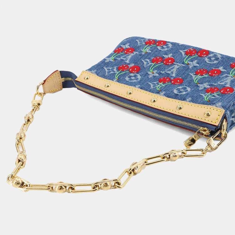 Pre Owned Louis Vuitton Pochette Accessoires Denim Blue Monogram Cherry Denim Shoulder Bag