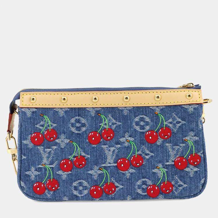 Pre Owned Louis Vuitton Pochette Accessoires Denim Blue Monogram Cherry Denim Shoulder Bag