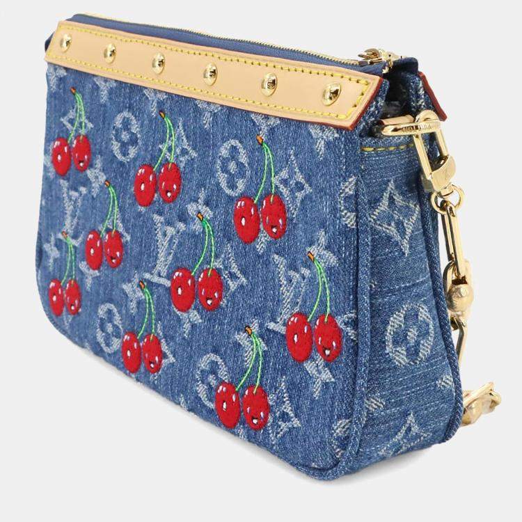 Pre Owned Louis Vuitton Pochette Accessoires Denim Blue Monogram Cherry Denim Shoulder Bag