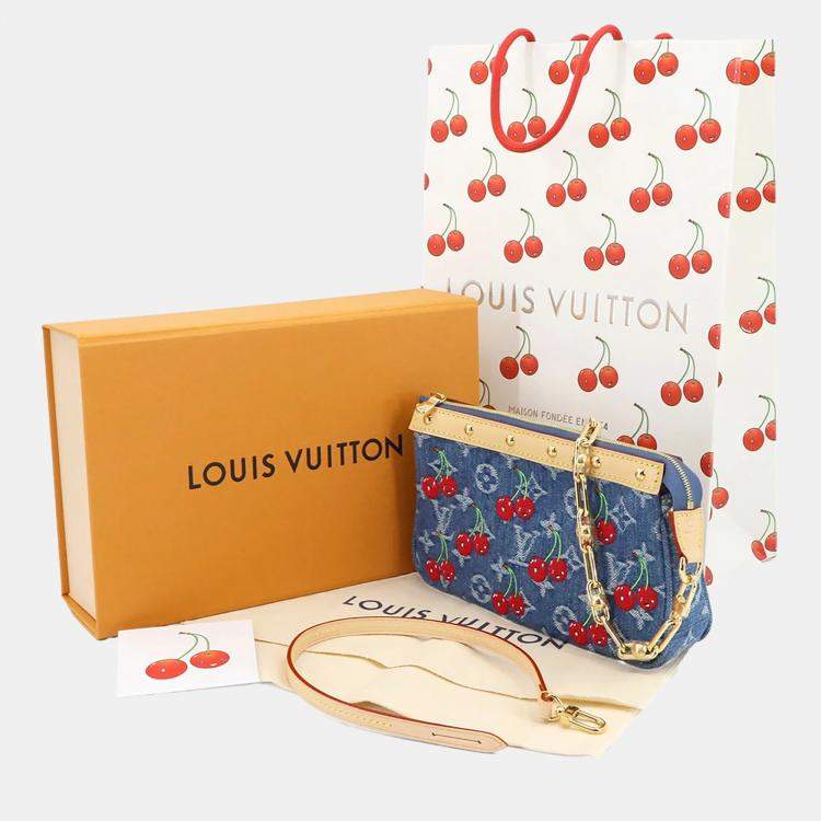 Pre Owned Louis Vuitton Pochette Accessoires Denim Blue Monogram Cherry Denim Shoulder Bag