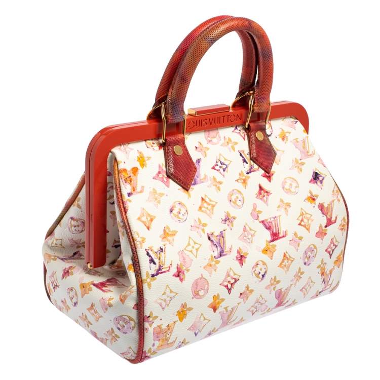 Pre Owned Louis Vuitton White Monogram Canvas and Snakeskin Richard Prince Watercolor Aquarelle Frame Speedy Bag