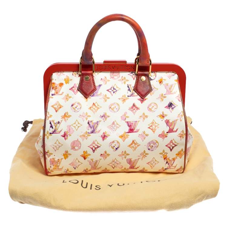 Pre Owned Louis Vuitton White Monogram Canvas and Snakeskin Richard Prince Watercolor Aquarelle Frame Speedy Bag