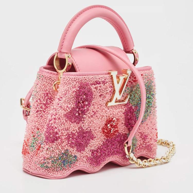 Pre Owned Louis Vuitton Pink Embroidered Satin Capucines Capushell Mini Bag